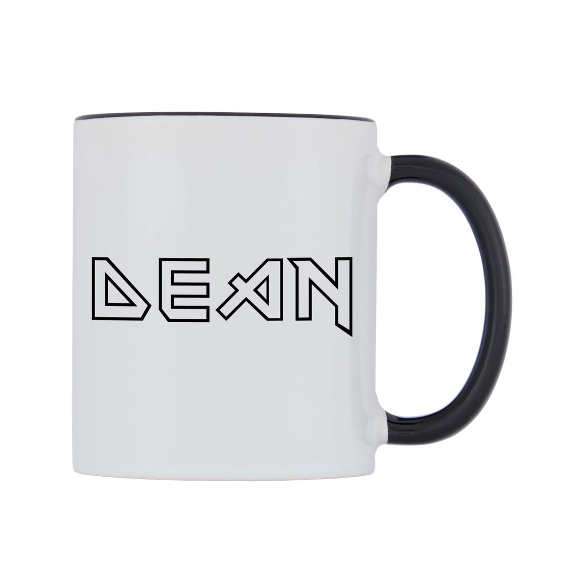 Dean - Iron Maiden Themed Mug — white 11oz gloss mug with a black inside and handle, left side, on a white background