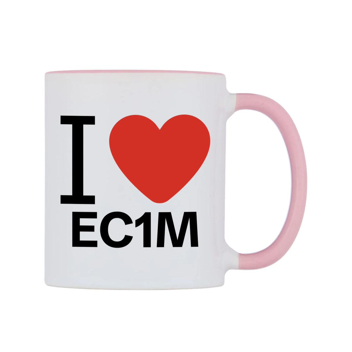 I Love EC1M Mug — white 11oz gloss mug with a pink inside and handle, left side, on a white background