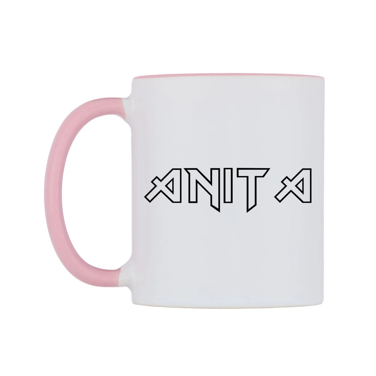 Anita - Iron Maiden Themed Mug — white 11oz gloss mug with a pink inside and handle, right side, on a white background