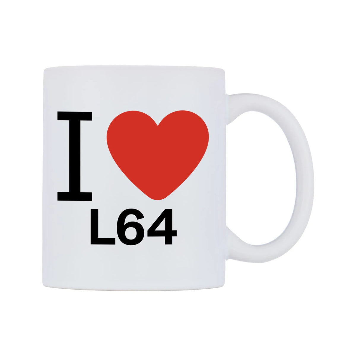 I Love L64 Mug — white 11oz gloss mug, left side, on a white background