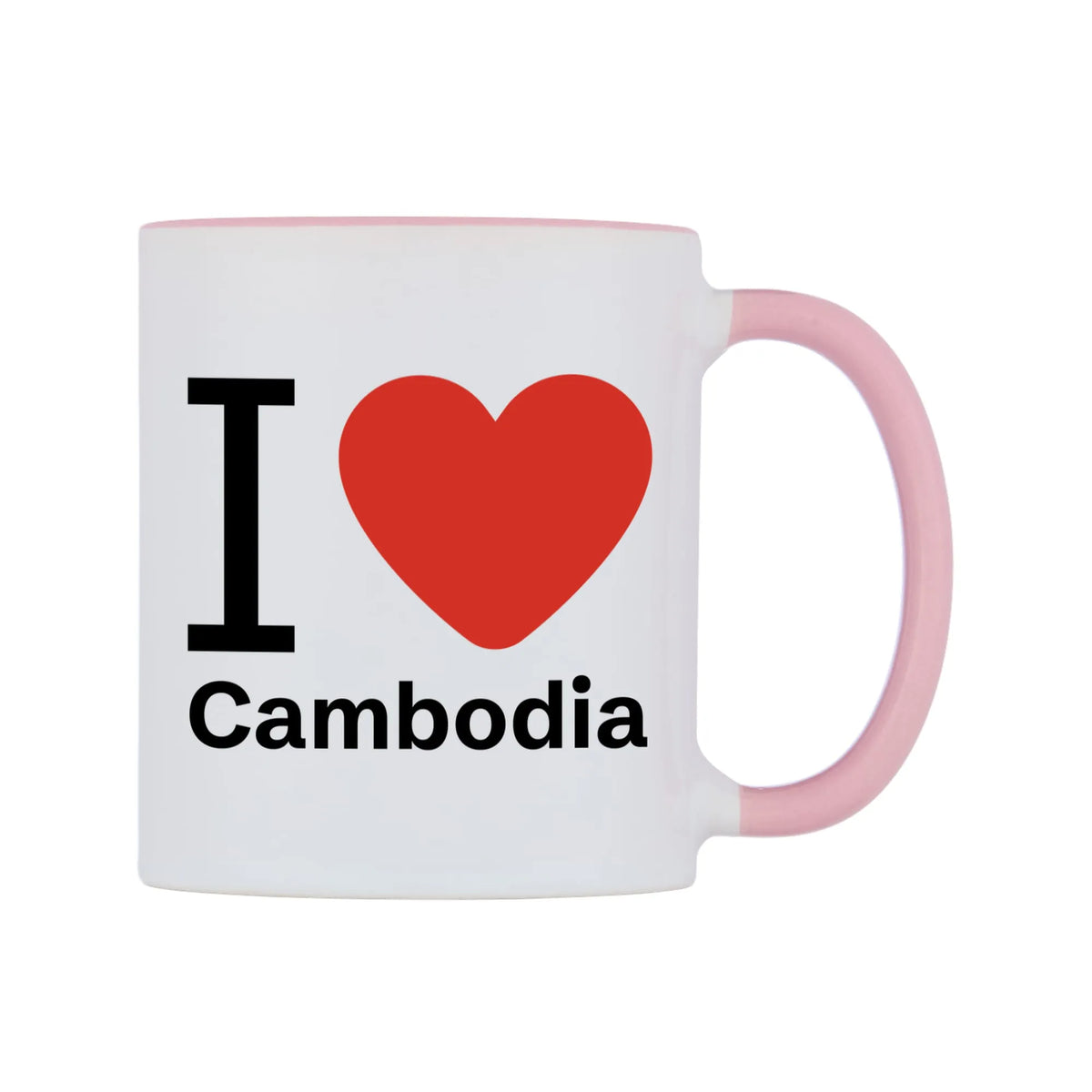 I Love Cambodia Mug — white 11oz gloss mug with a pink inside and handle, left side, on a white background