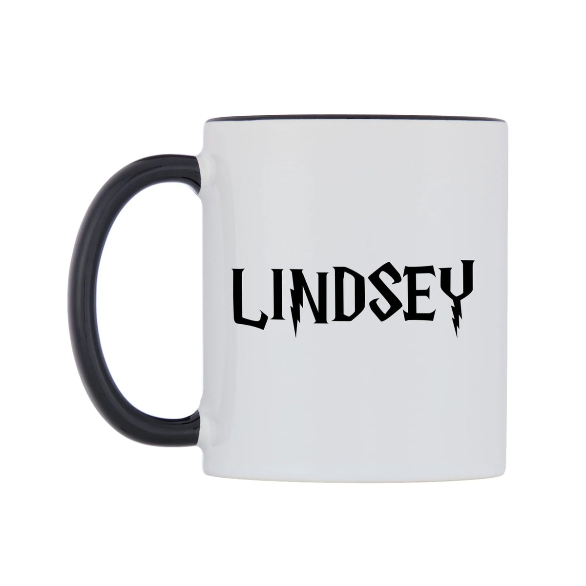 Lindsey - Wizard Themed Mug — white 11oz gloss mug with a black inside and handle, right side, on a white background