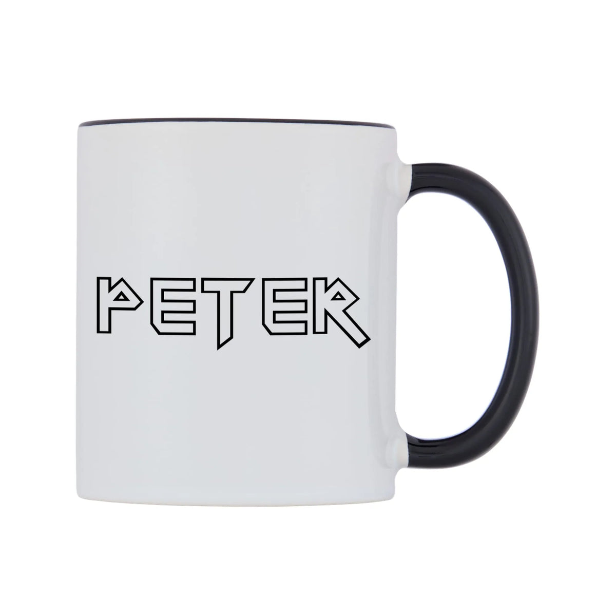 Peter - Iron Maiden Themed Mug — white 11oz gloss mug with a black inside and handle, left side, on a white background