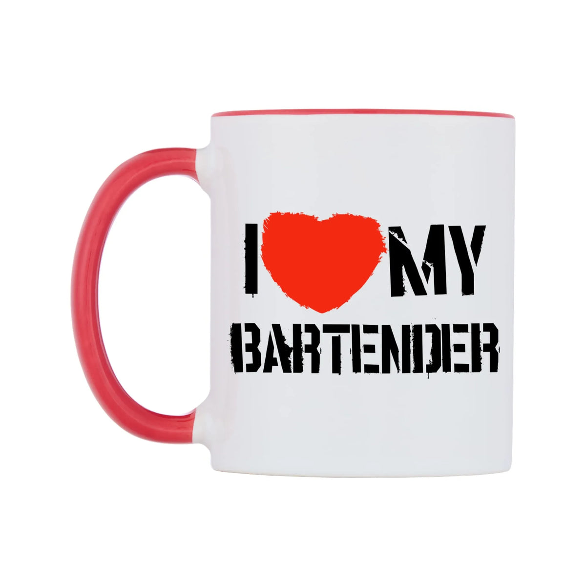 I Love My Bartender Mug — white 11oz gloss mug with a red inside and handle, right side, on a white background