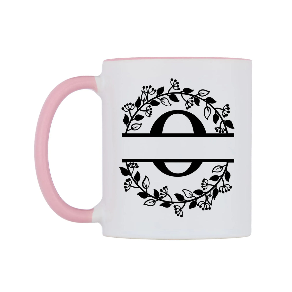Letter O Split Monogram Mug — white 11oz gloss mug with a pink inside and handle, right side, on a white background