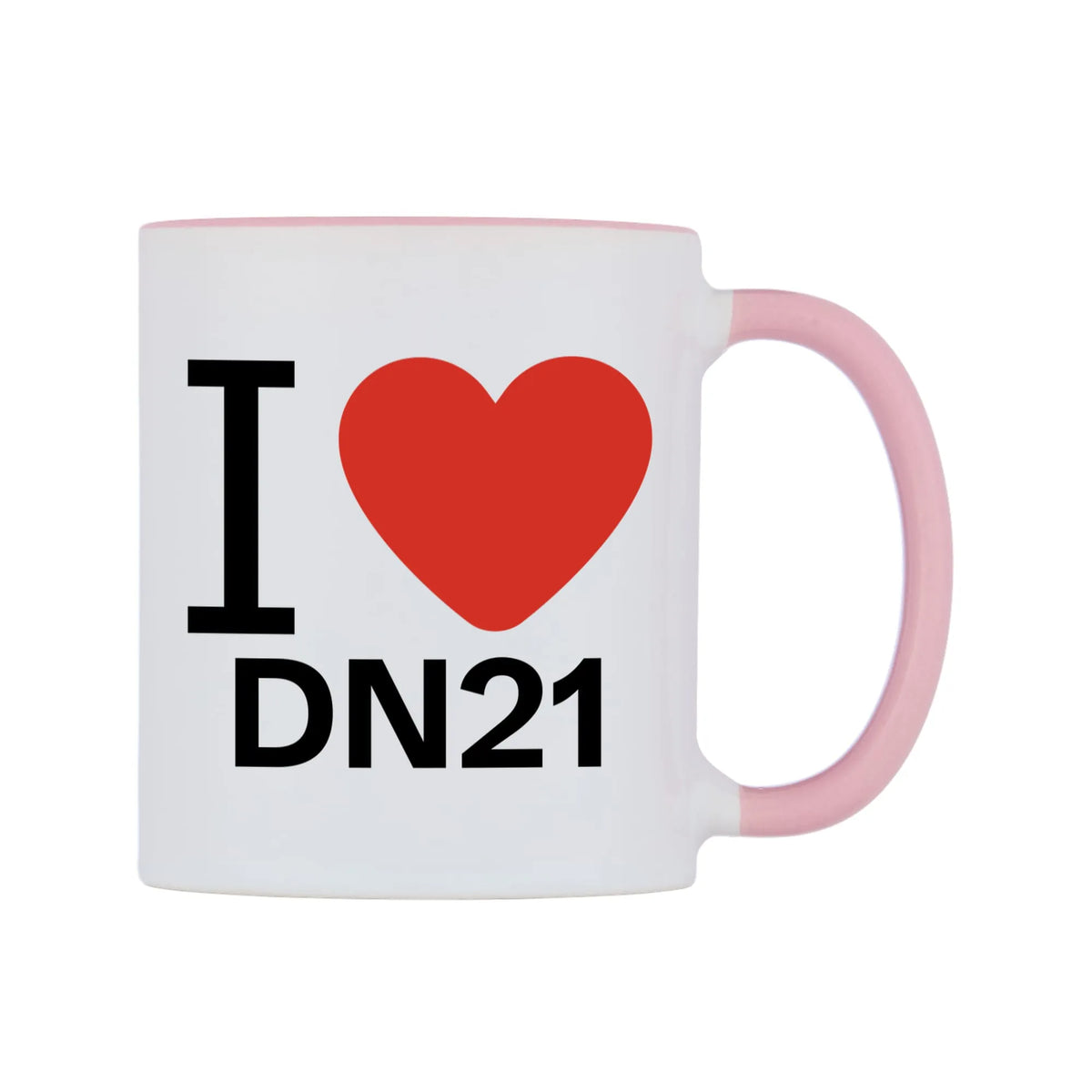 I Love DN21 Mug — white 11oz gloss mug with a pink inside and handle, left side, on a white background
