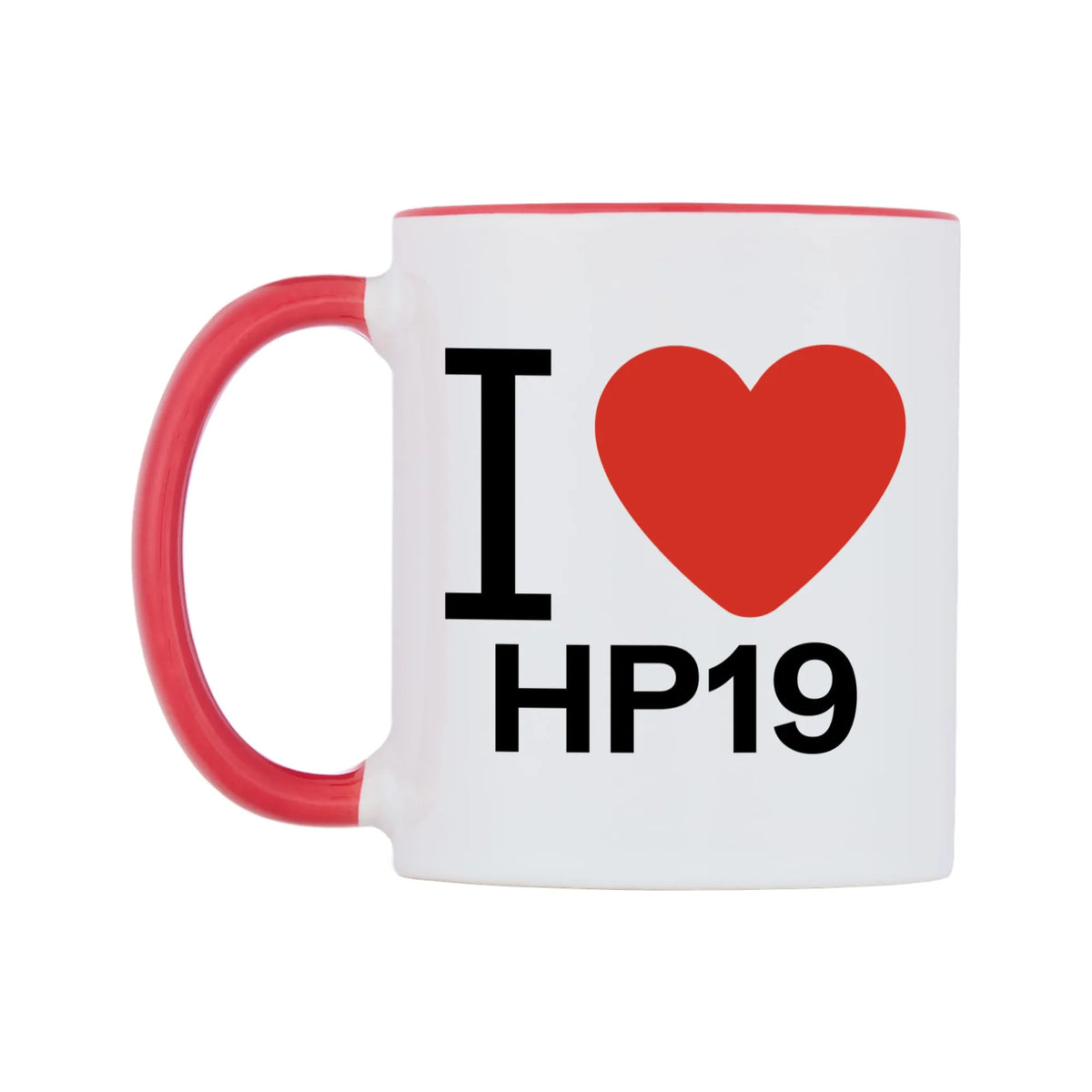 I Love HP19 Mug — white 11oz gloss mug with a red inside and handle, right side, on a white background