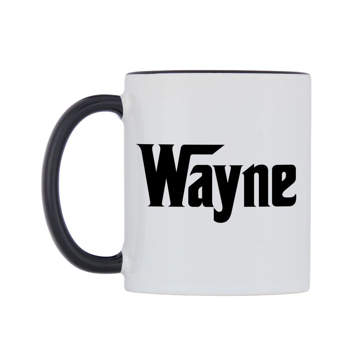 Wayne - Godfather Themed Mug — white 11oz gloss mug with a black inside and handle, right side, on a white background