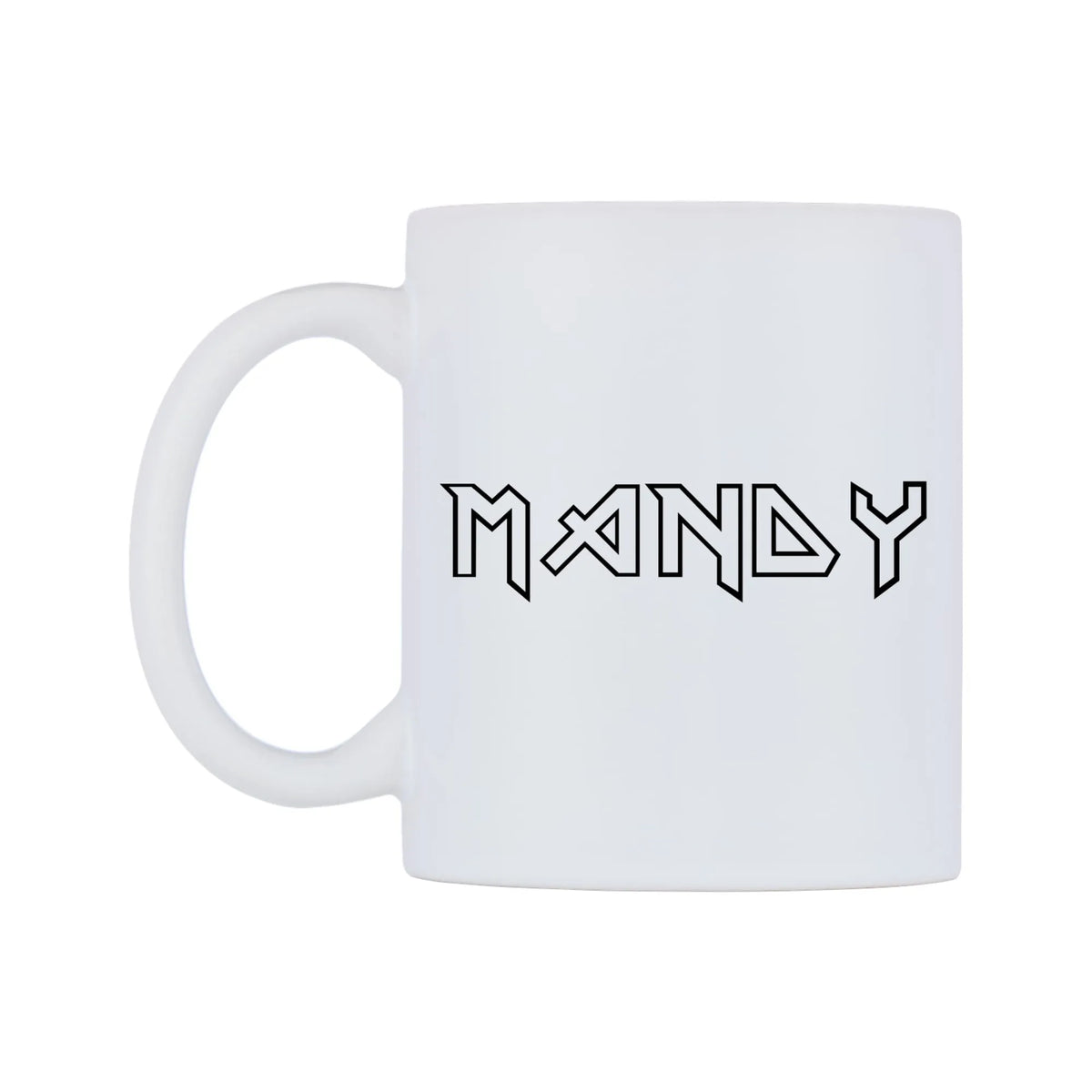Mandy - Iron Maiden Themed Mug — white 11oz gloss mug, right side, on a white background