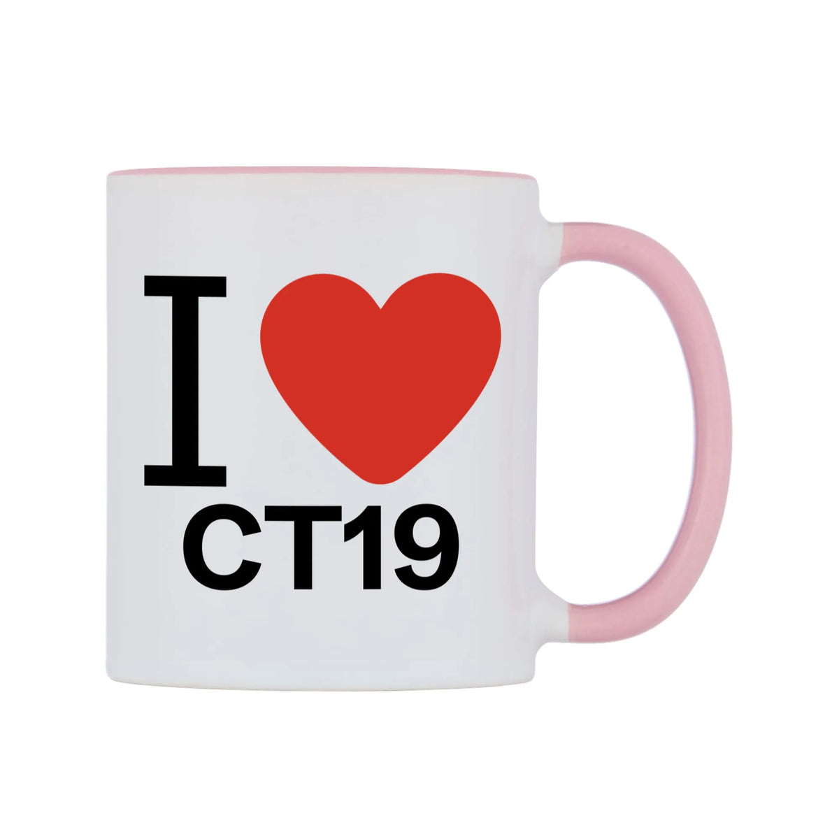 I Love CT19 Mug — white 11oz gloss mug with a pink inside and handle, left side, on a white background