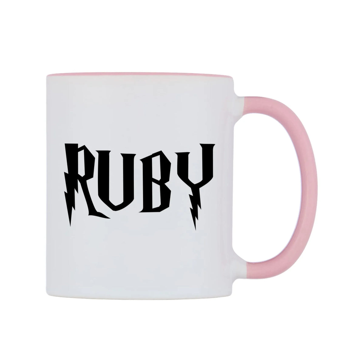 Ruby - Wizard Themed Mug — white 11oz gloss mug with a pink inside and handle, left side, on a white background