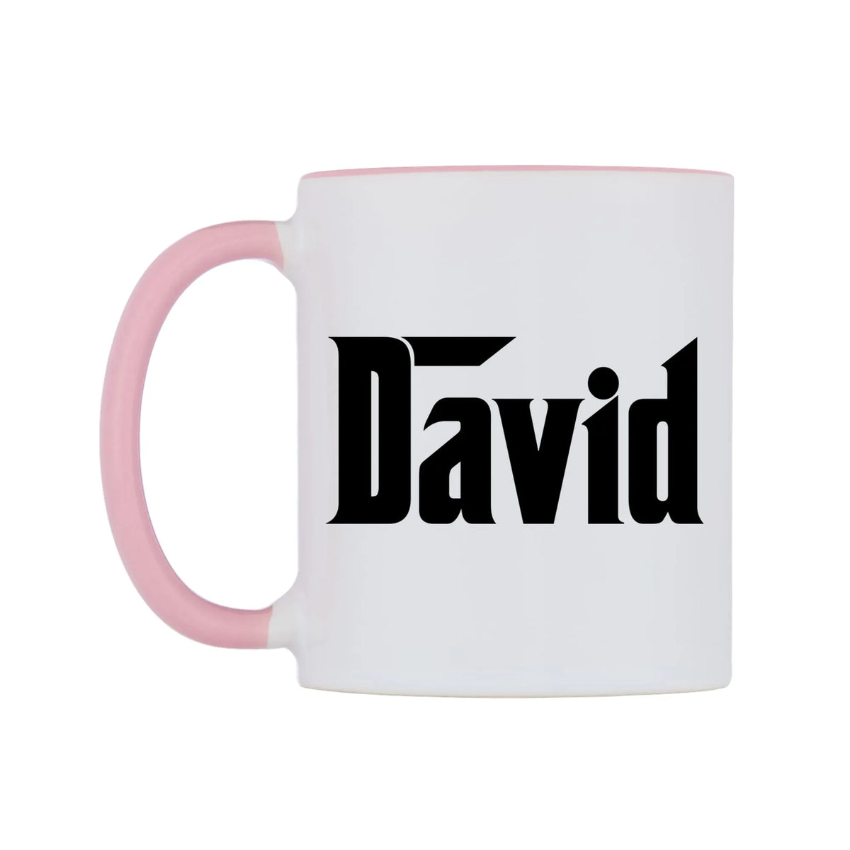 David - Godfather Themed Mug — white 11oz gloss mug with a pink inside and handle, right side, on a white background