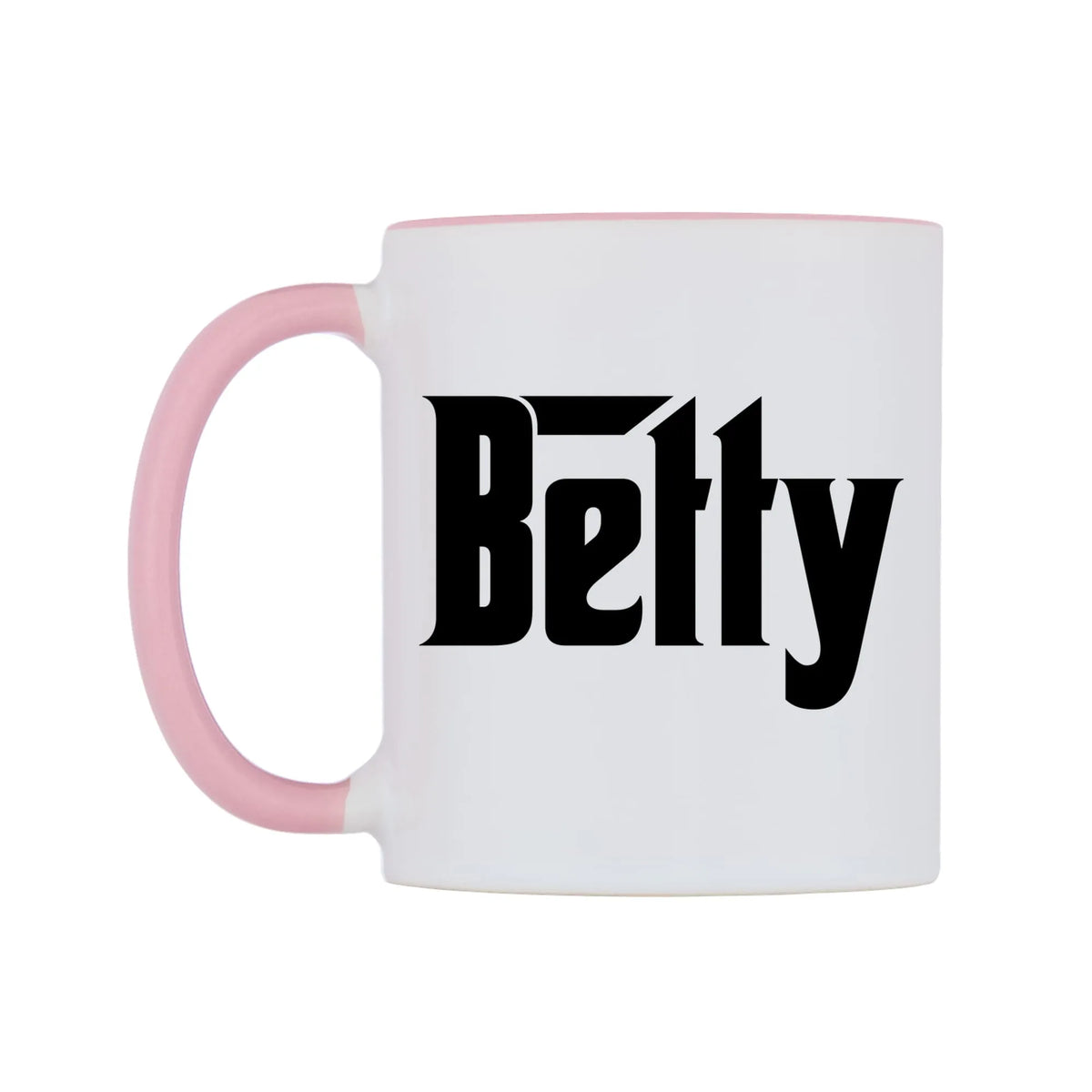 Betty - Godfather Themed Mug — white 11oz gloss mug with a pink inside and handle, right side, on a white background
