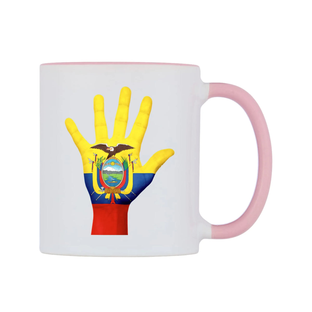 Ecuador Hand Flag Mug — white 11oz gloss mug with a pink inside and handle, left side, on a white background