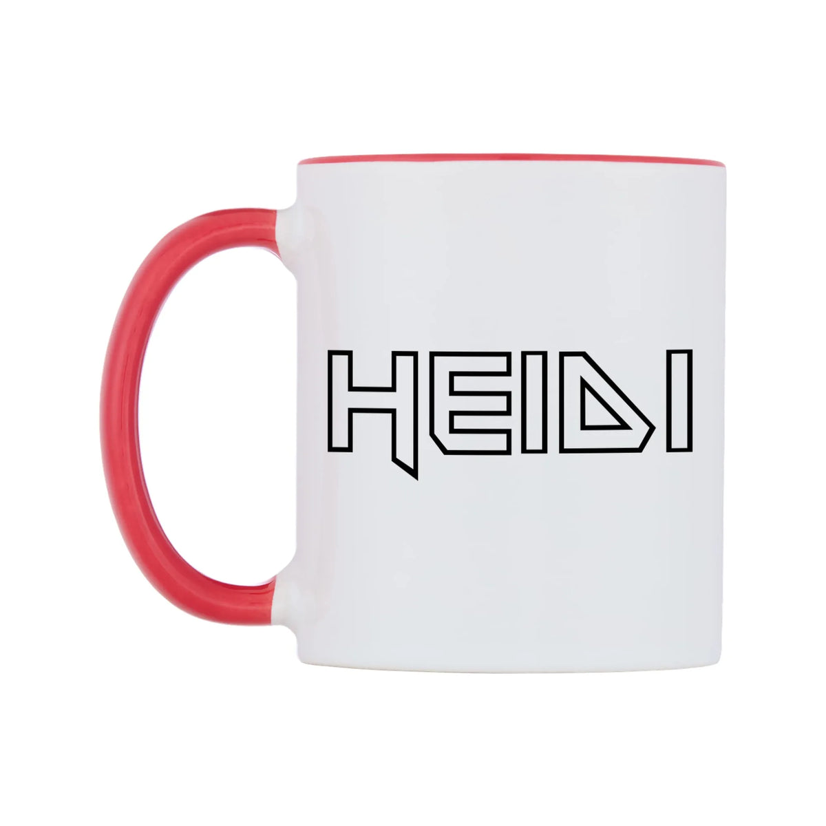 Heidi - Iron Maiden Themed Mug — white 11oz gloss mug with a red inside and handle, right side, on a white background