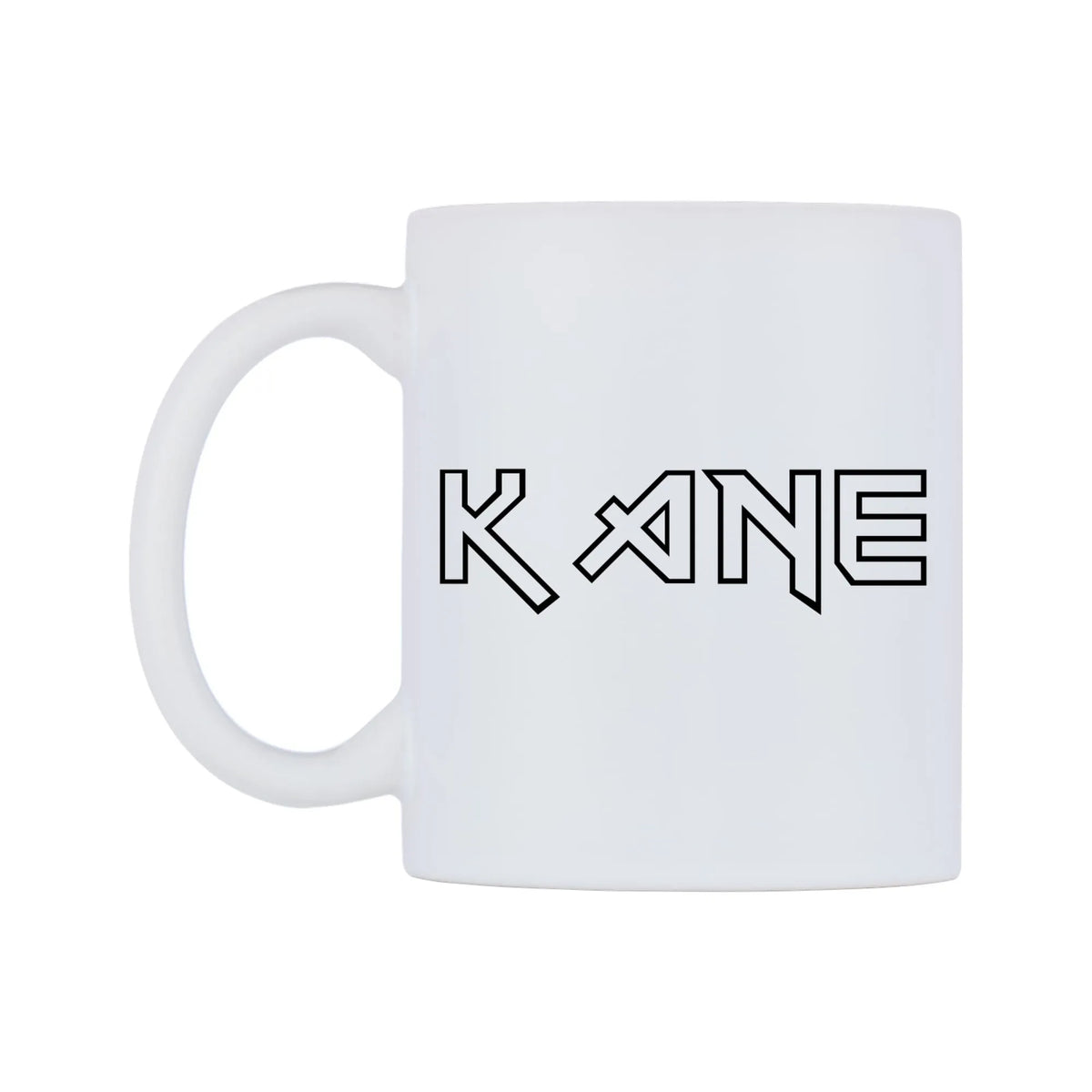 Kane - Iron Maiden Themed Mug — white 11oz gloss mug, right side, on a white background