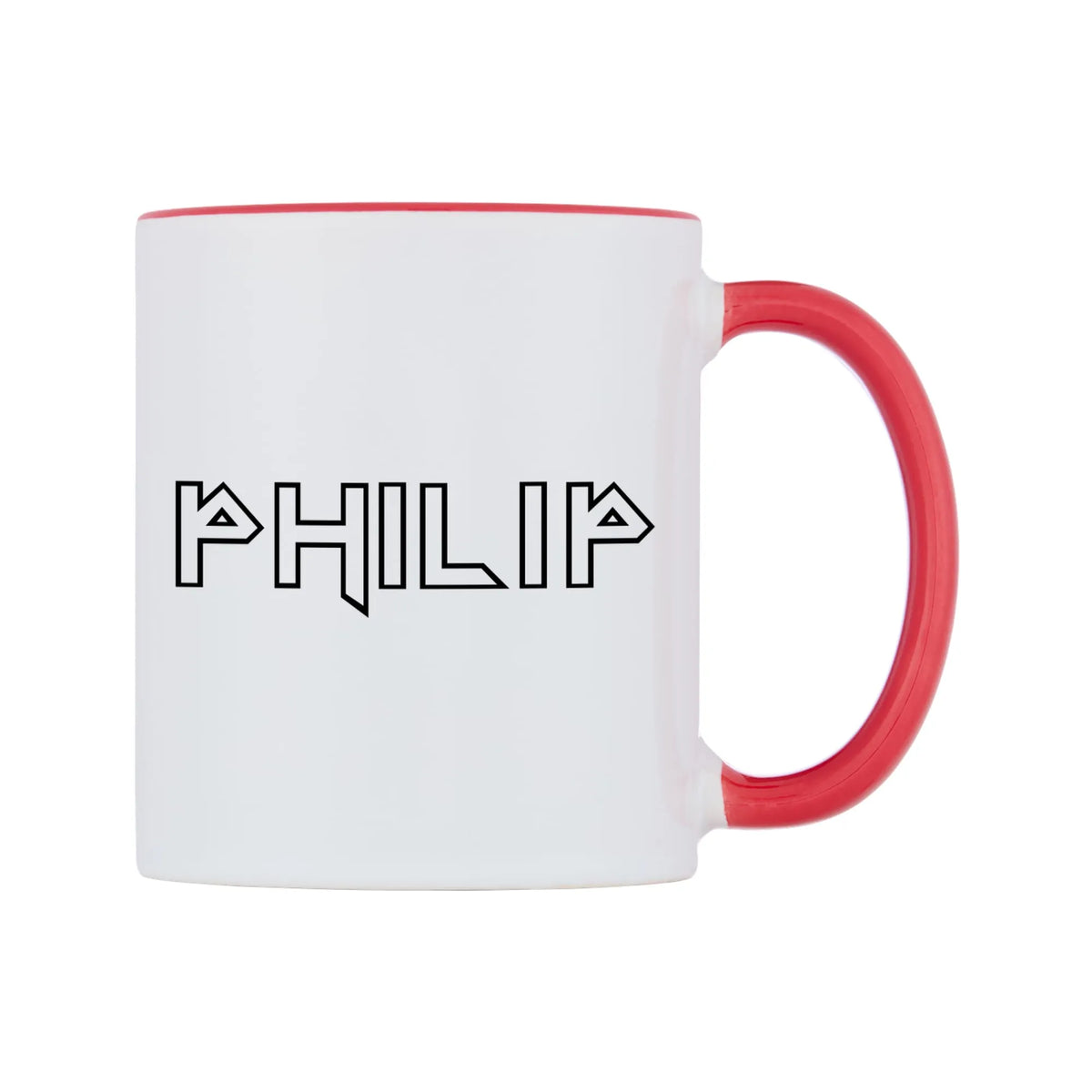 Philip - Iron Maiden Themed Mug — white 11oz gloss mug with a red inside and handle, left side, on a white background