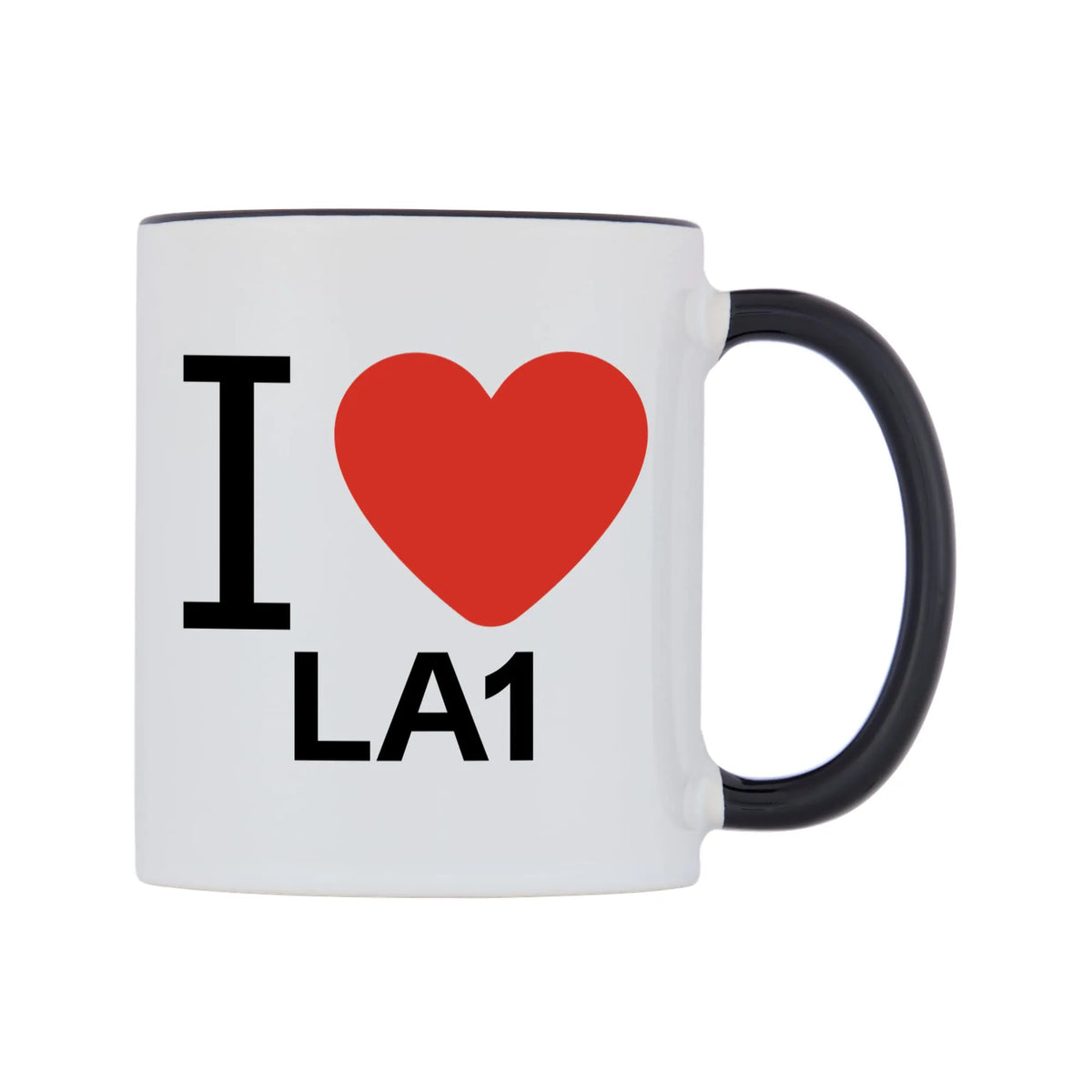 I Love LA1 Mug — white 11oz gloss mug with a black inside and handle, left side, on a white background