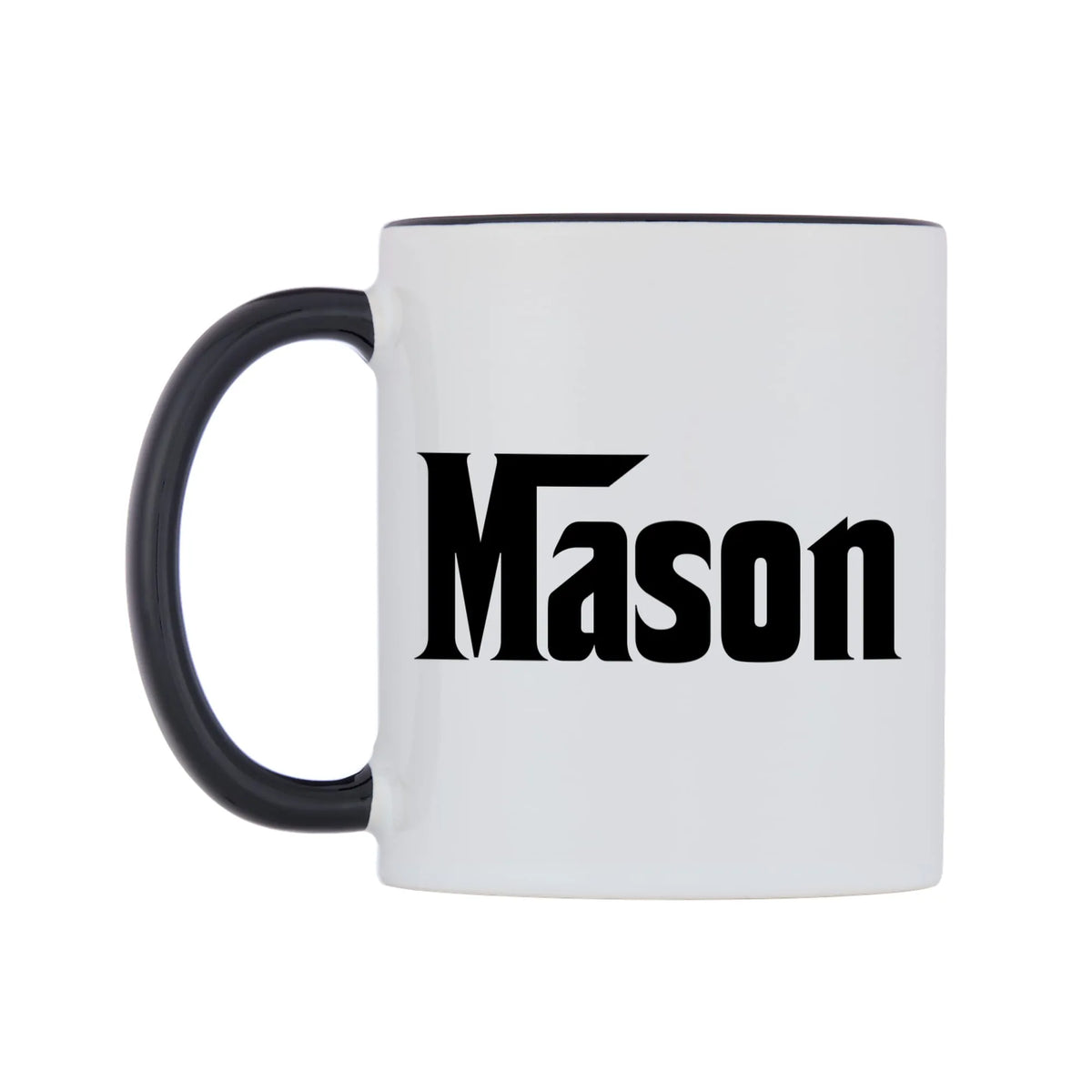 Mason - Godfather Themed Mug — white 11oz gloss mug with a black inside and handle, right side, on a white background