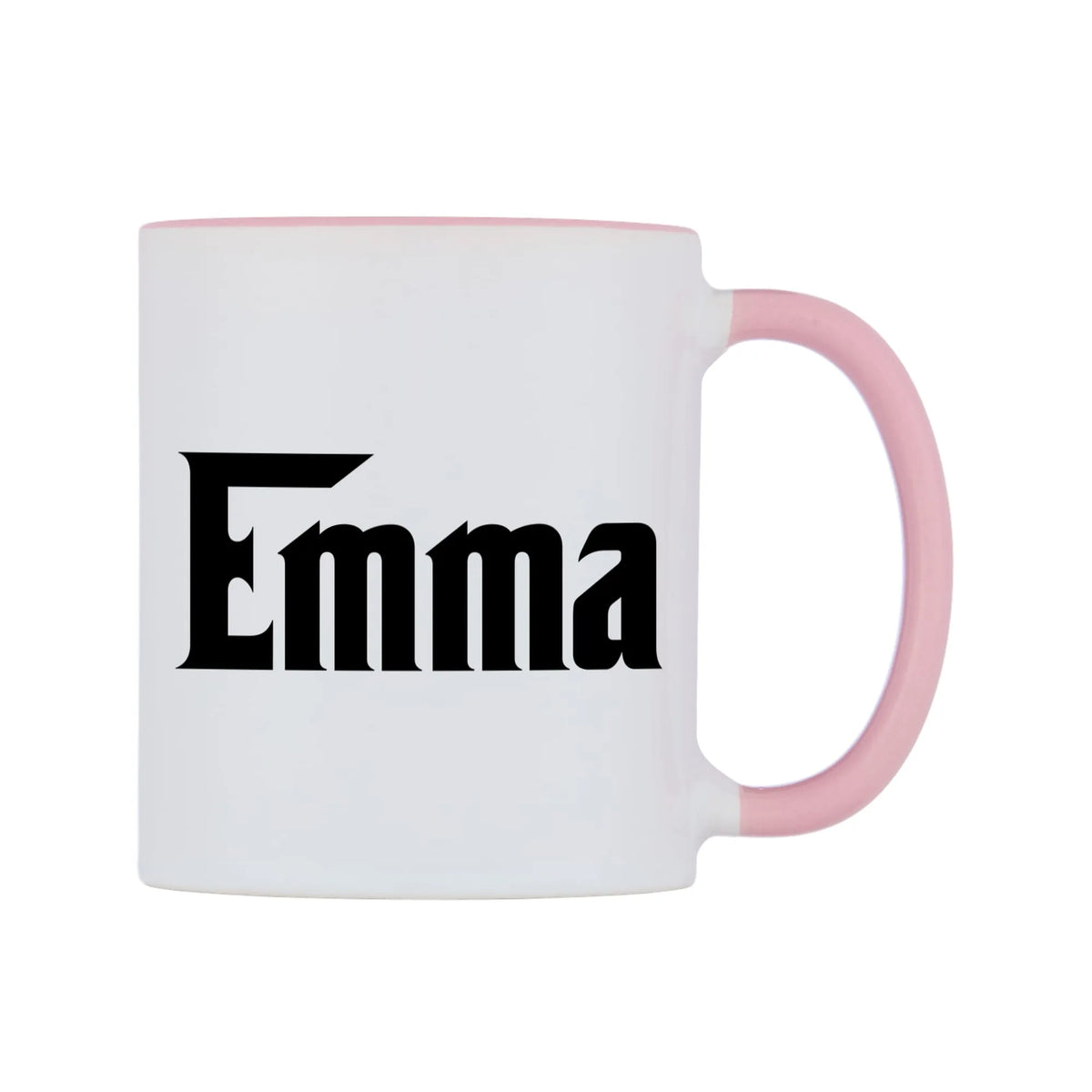 Emma - Godfather Themed Mug — white 11oz gloss mug with a pink inside and handle, left side, on a white background