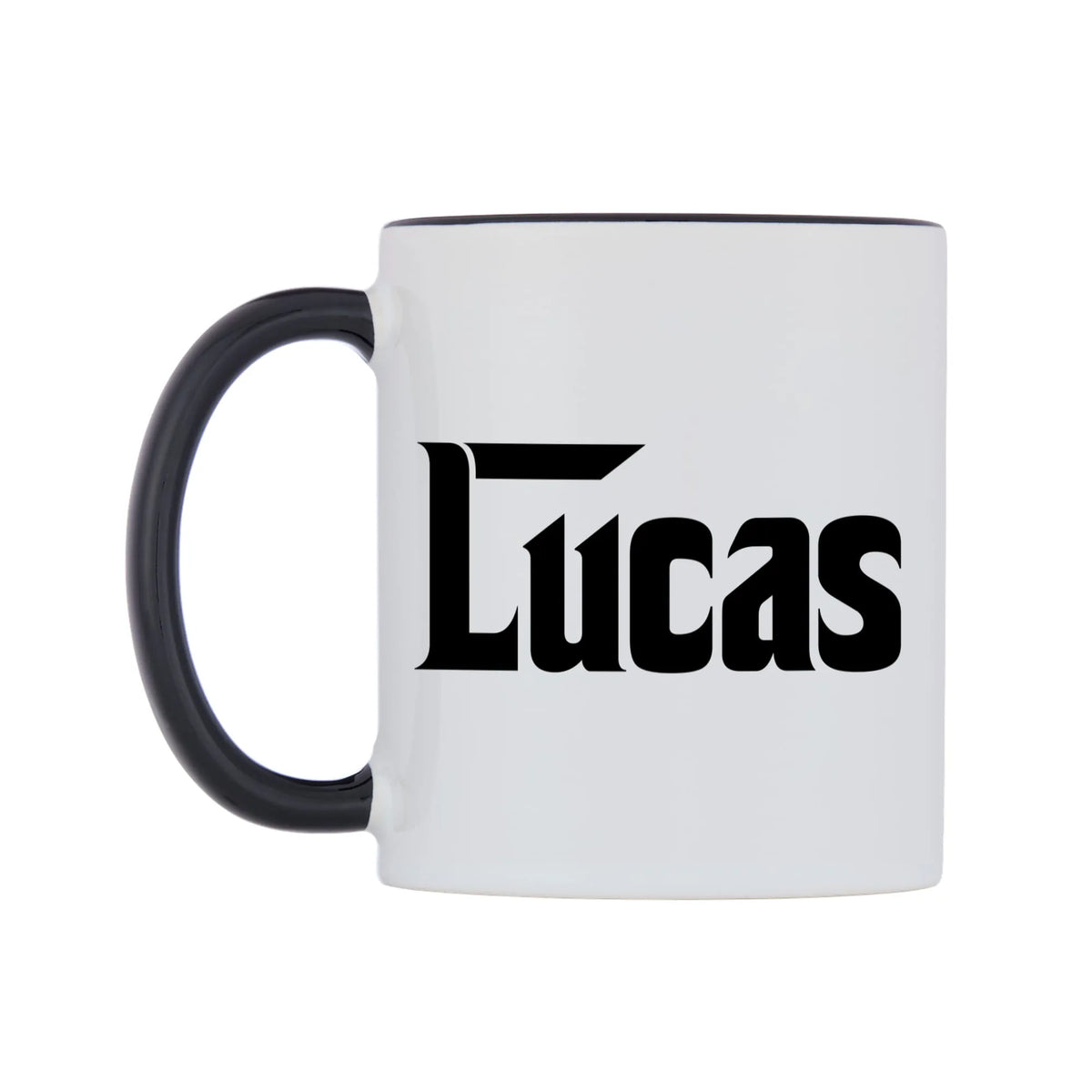 Lucas - Godfather Themed Mug — white 11oz gloss mug with a black inside and handle, right side, on a white background