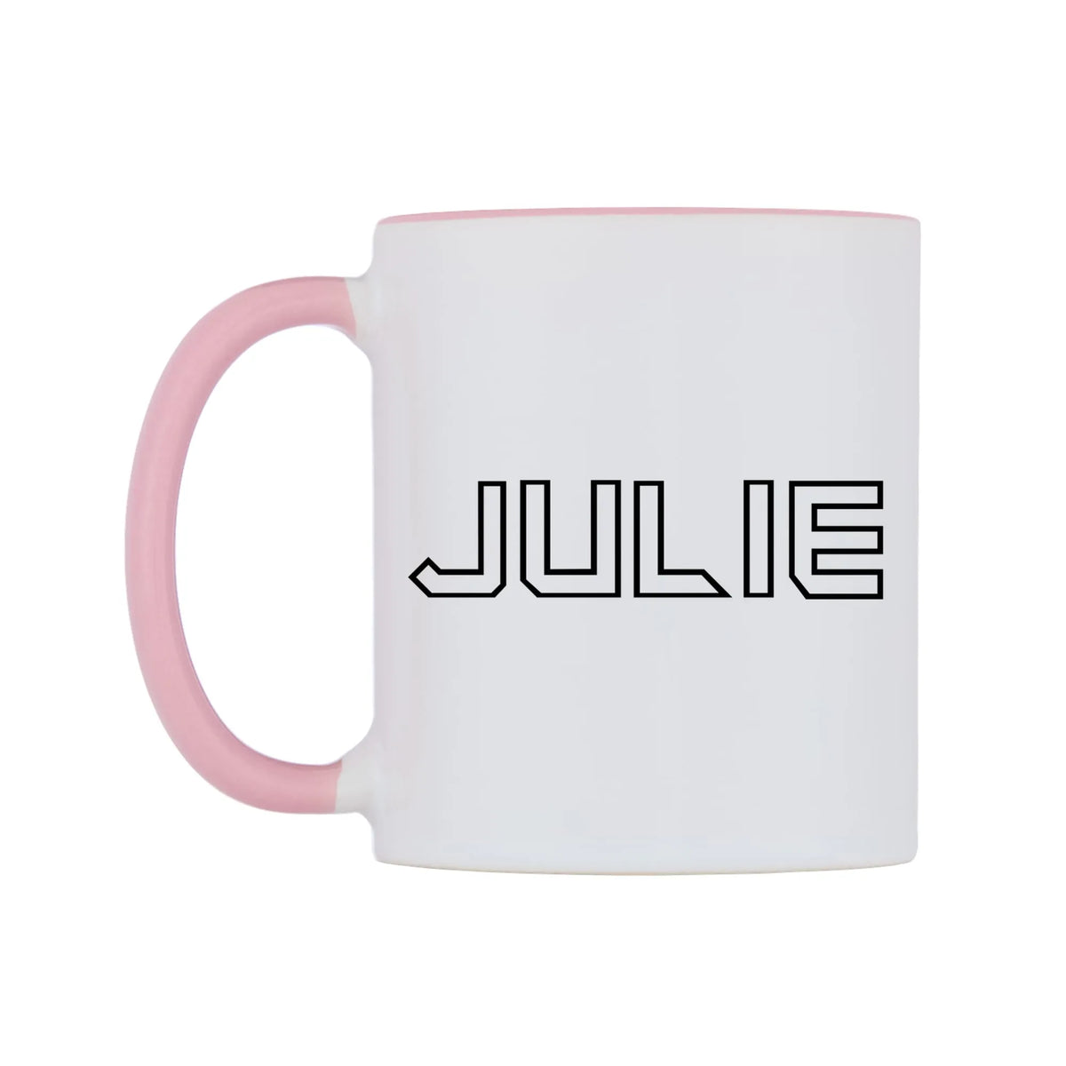Julie - Iron Maiden Themed Mug — white 11oz gloss mug with a pink inside and handle, right side, on a white background