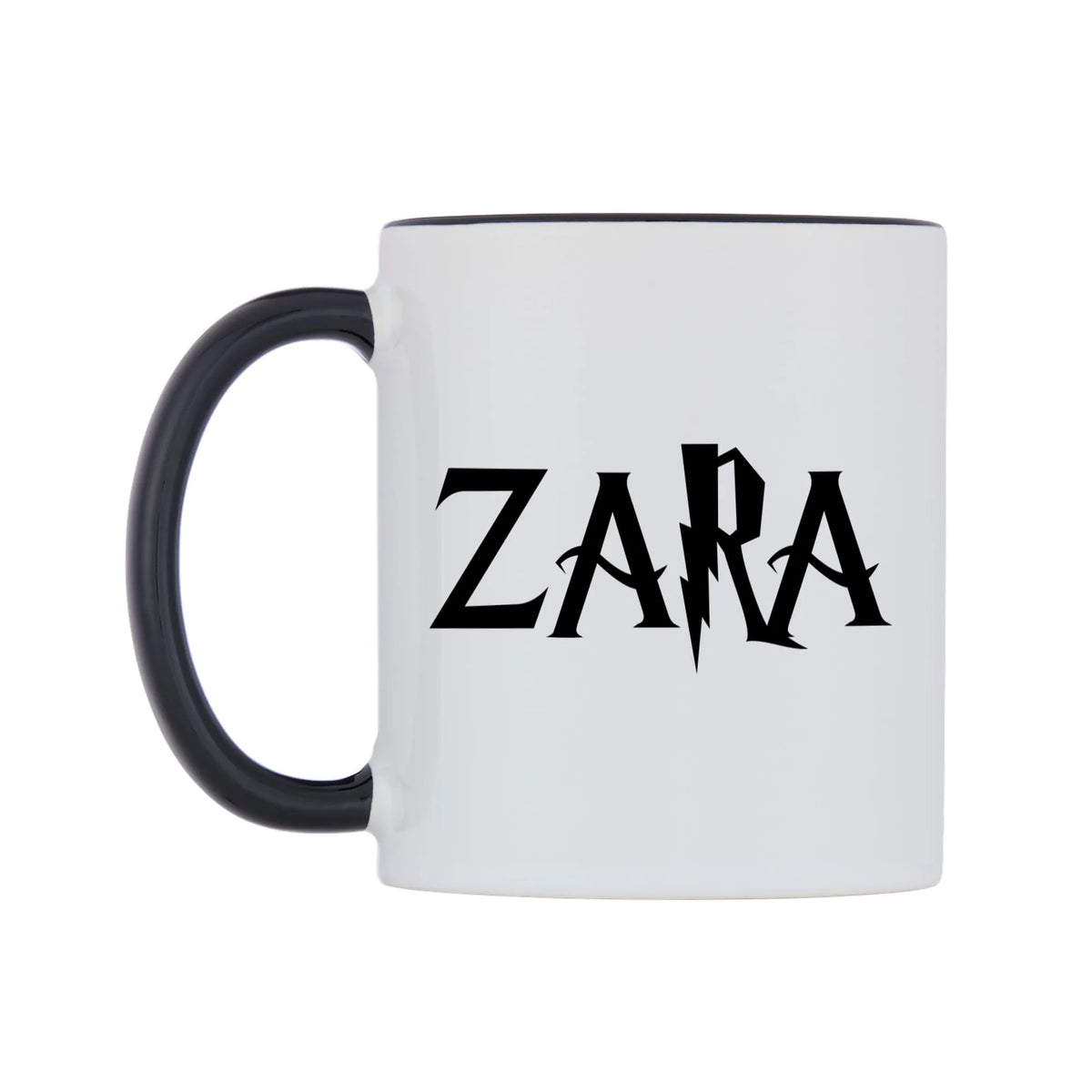 Zara - Wizard Themed Mug — white 11oz gloss mug with a black inside and handle, right side, on a white background