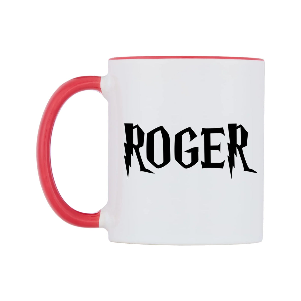 Roger - Wizard Themed Mug — white 11oz gloss mug with a red inside and handle, right side, on a white background