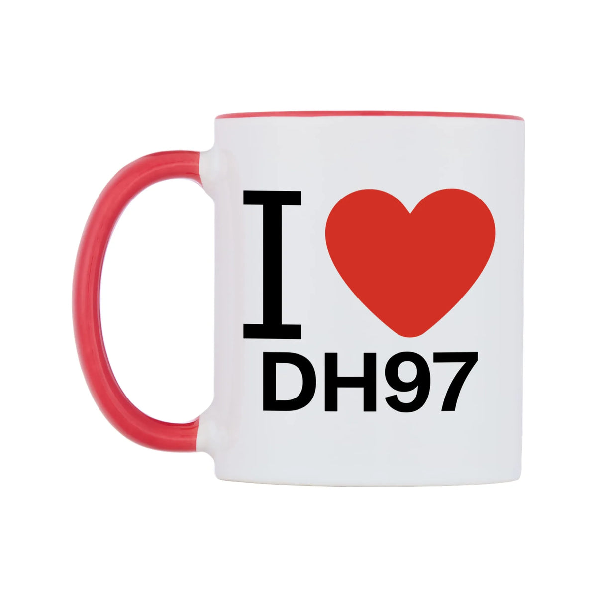 I Love DH97 Mug — white 11oz gloss mug with a red inside and handle, right side, on a white background
