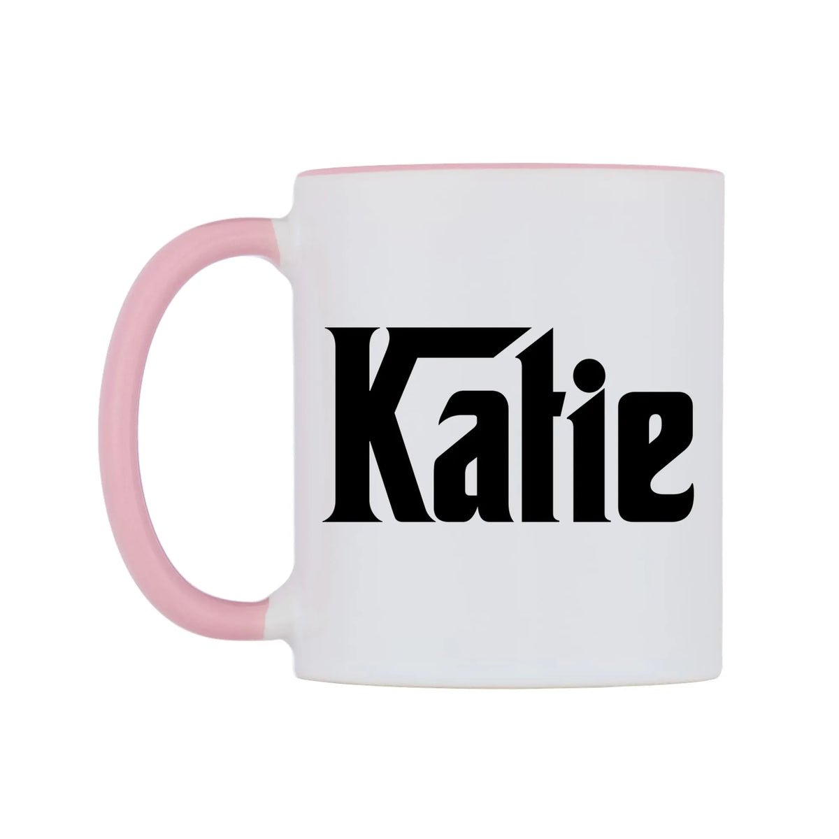Katie - Godfather Themed Mug — white 11oz gloss mug with a pink inside and handle, right side, on a white background