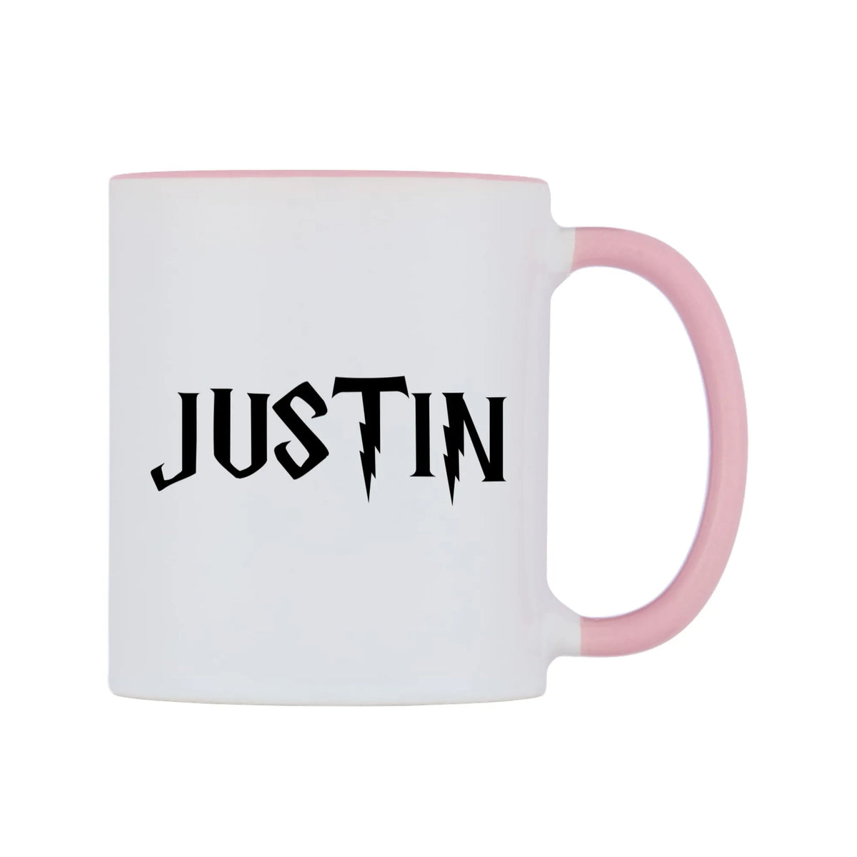 Justin - Wizard Themed Mug — white 11oz gloss mug with a pink inside and handle, left side, on a white background