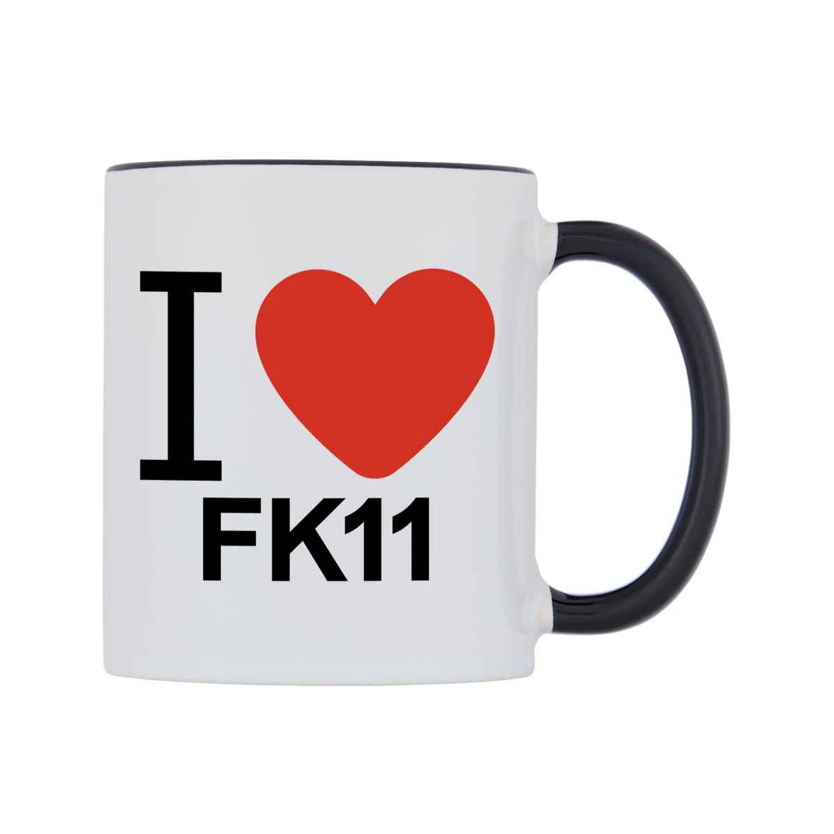 I Love FK11 Mug — white 11oz gloss mug with a black inside and handle, left side, on a white background