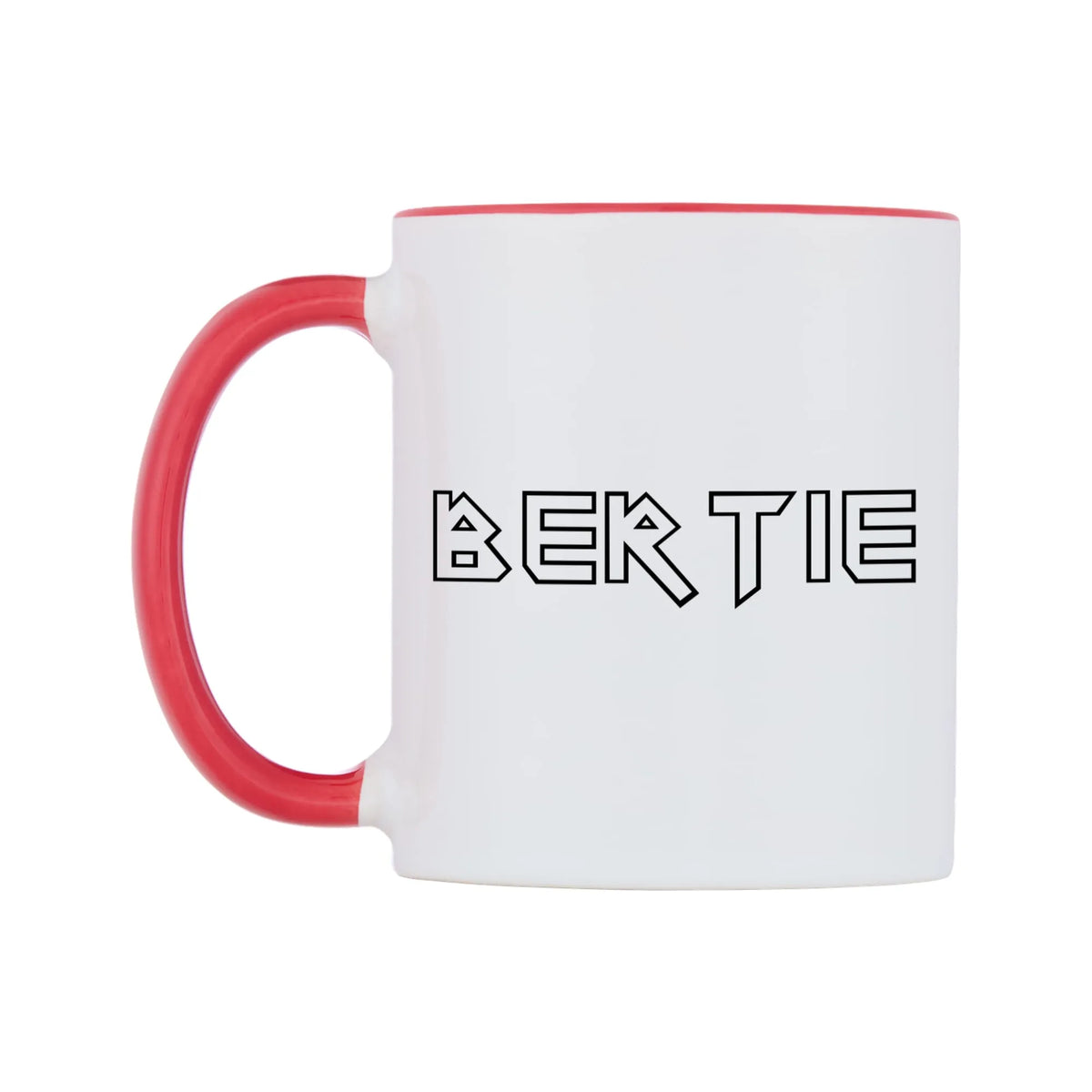 Bertie - Iron Maiden Themed Mug — white 11oz gloss mug with a red inside and handle, right side, on a white background