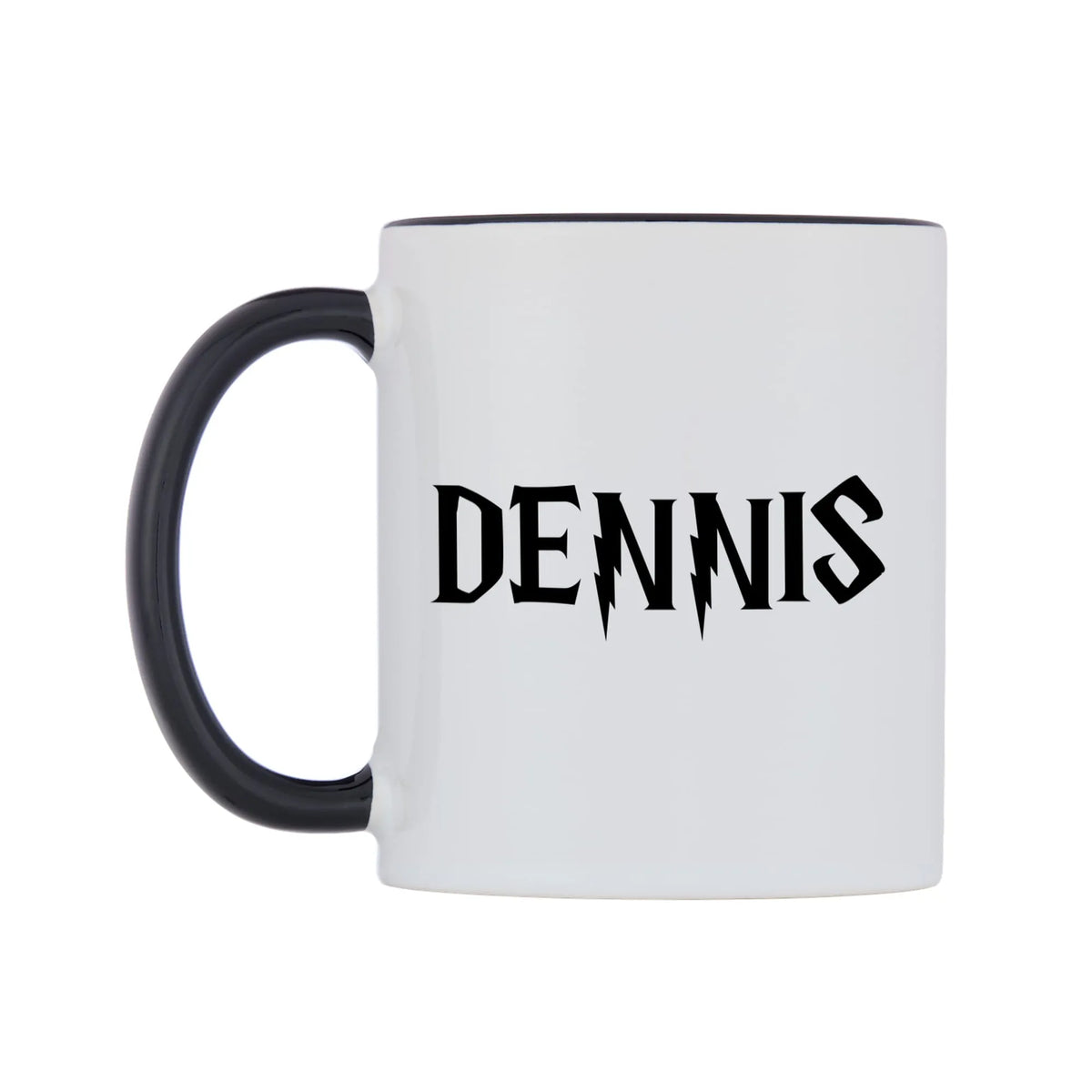 Dennis - Wizard Themed Mug — white 11oz gloss mug with a black inside and handle, right side, on a white background