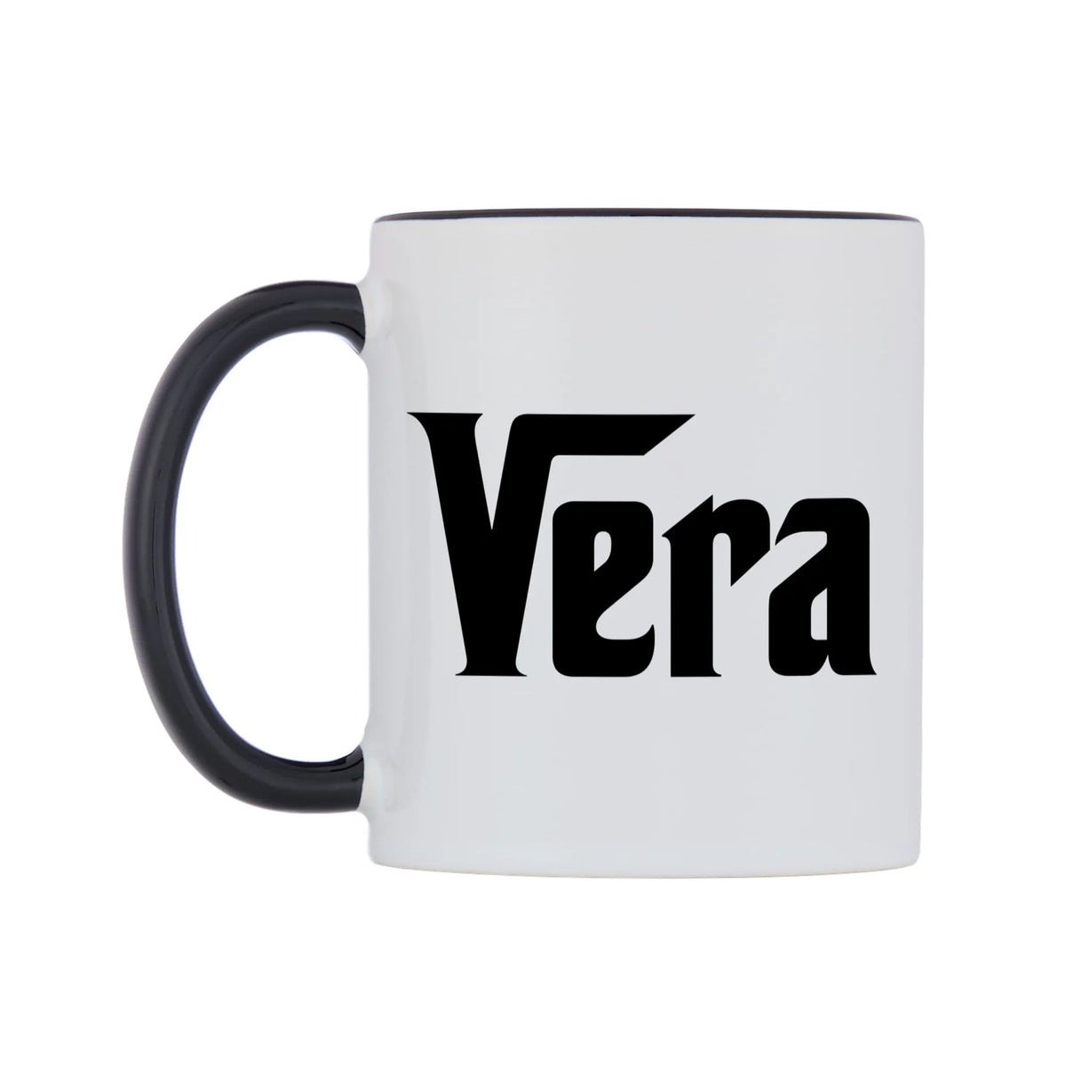 Vera - Godfather Themed Mug — white 11oz gloss mug with a black inside and handle, right side, on a white background