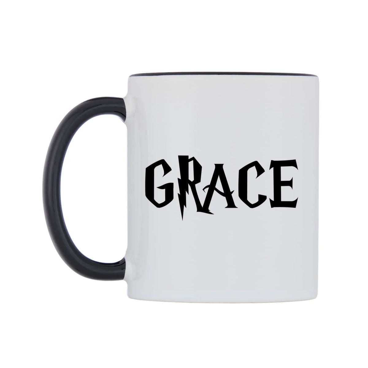 Grace - Wizard Themed Mug — white 11oz gloss mug with a black inside and handle, right side, on a white background