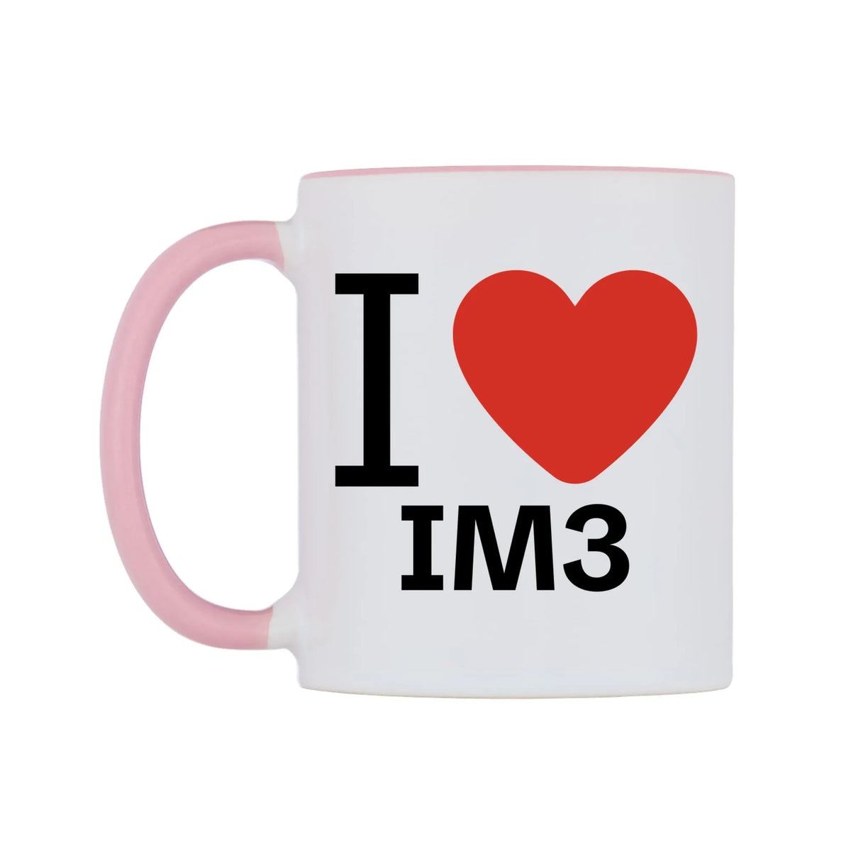 I Love IM3 Mug — white 11oz gloss mug with a pink inside and handle, right side, on a white background