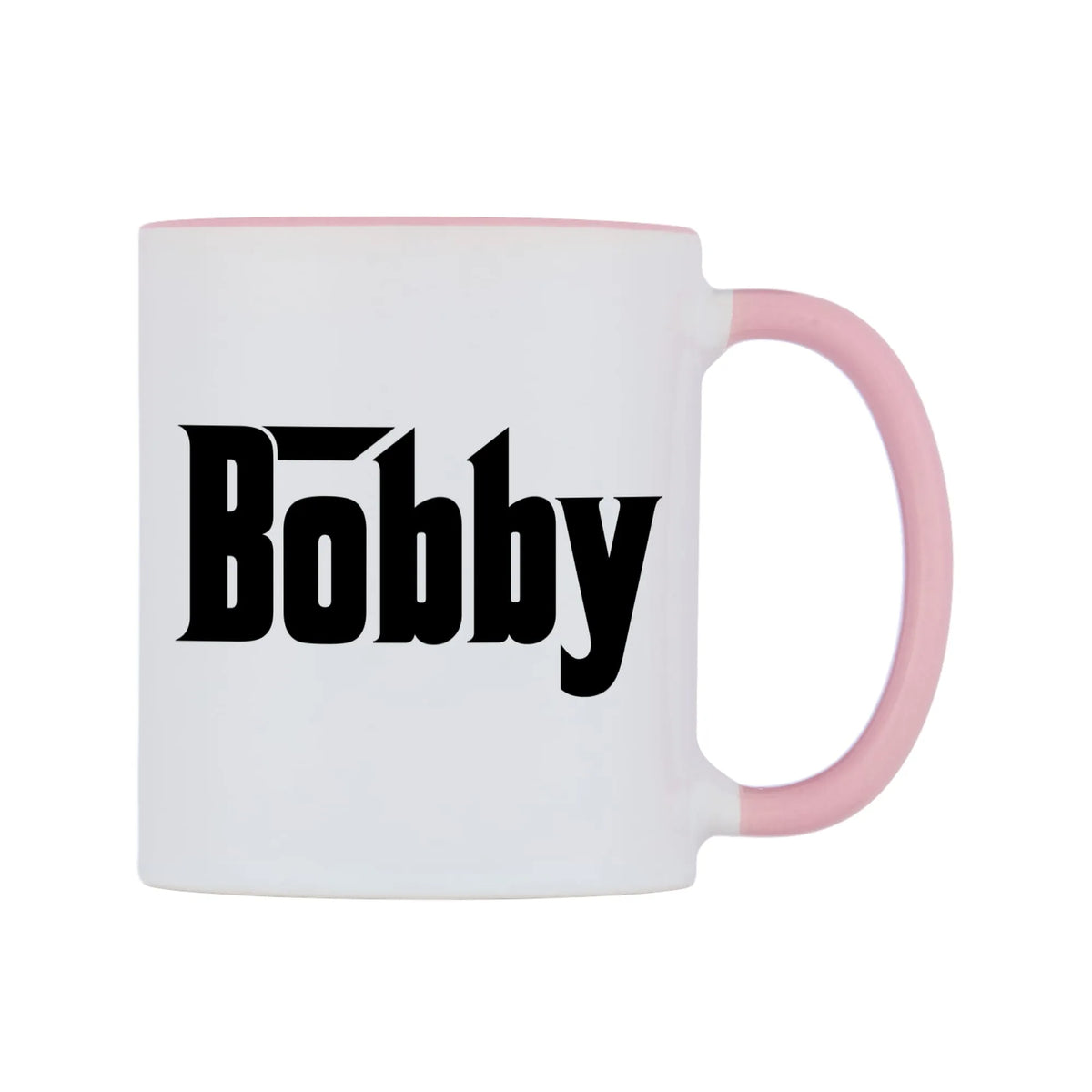 Bobby - Godfather Themed Mug — white 11oz gloss mug with a pink inside and handle, left side, on a white background