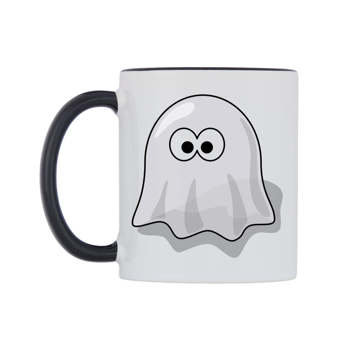 Little Ghost Mug — white 11oz gloss mug with a black inside and handle, right side, on a white background