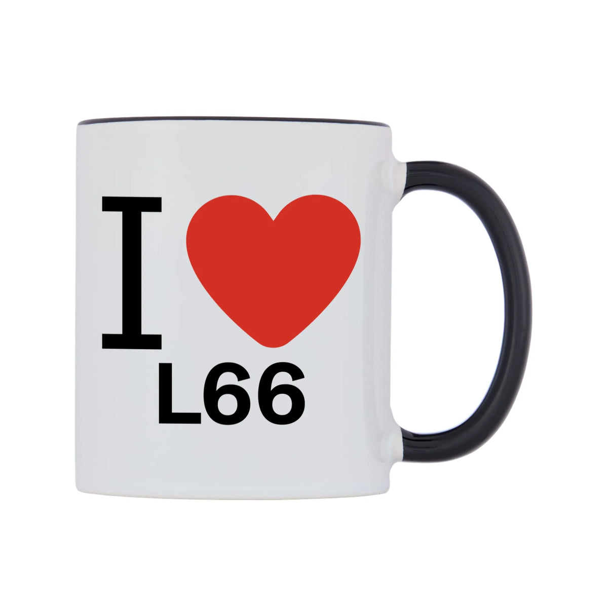 I Love L66 Mug — white 11oz gloss mug with a black inside and handle, left side, on a white background