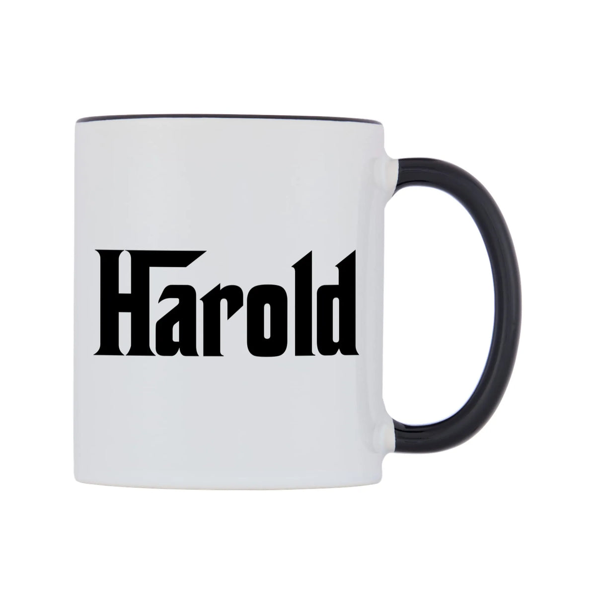 Harold - Godfather Themed Mug — white 11oz gloss mug with a black inside and handle, left side, on a white background