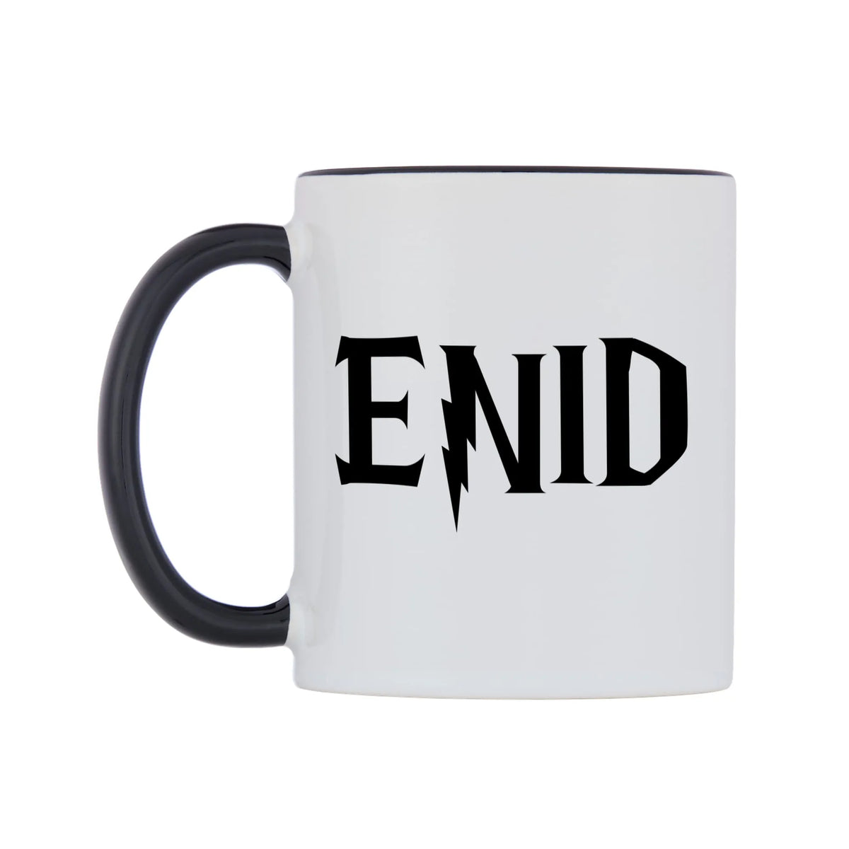 Enid - Wizard Themed Mug — white 11oz gloss mug with a black inside and handle, right side, on a white background