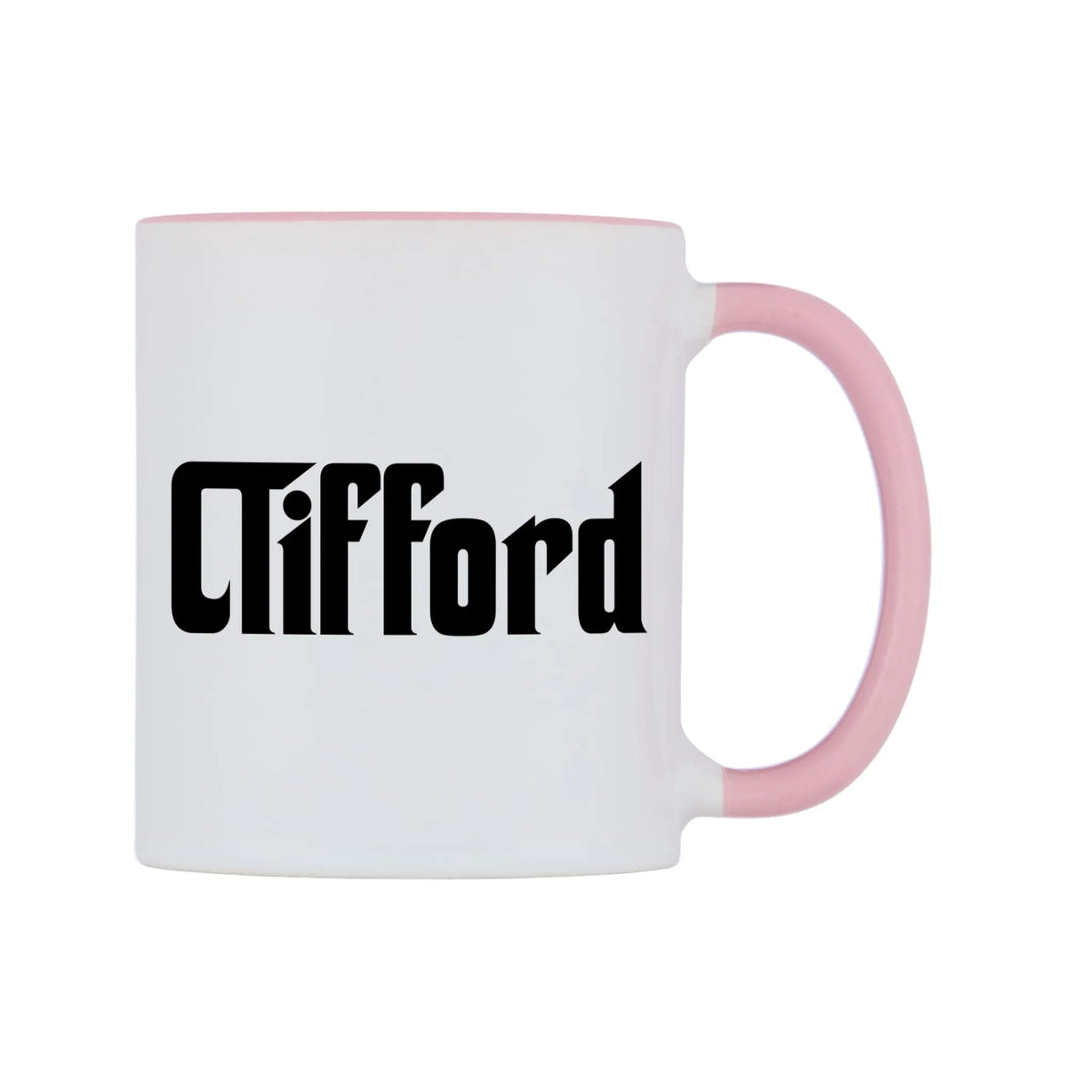 Clifford - Godfather Themed Mug — white 11oz gloss mug with a pink inside and handle, left side, on a white background