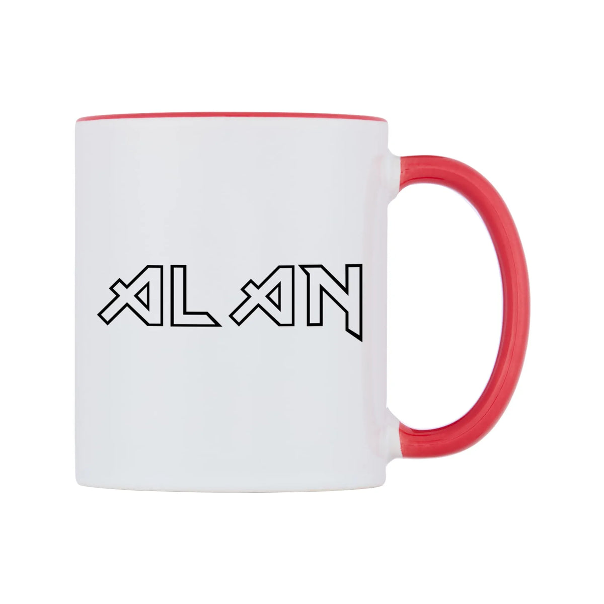 Alan - Iron Maiden Themed Mug — white 11oz gloss mug with a red inside and handle, left side, on a white background