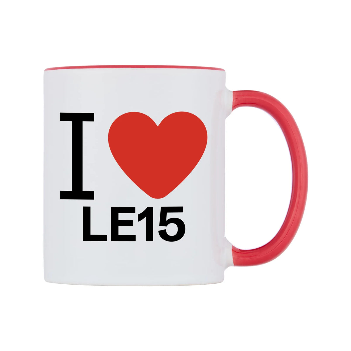 I Love LE15 Mug — white 11oz gloss mug with a red inside and handle, left side, on a white background