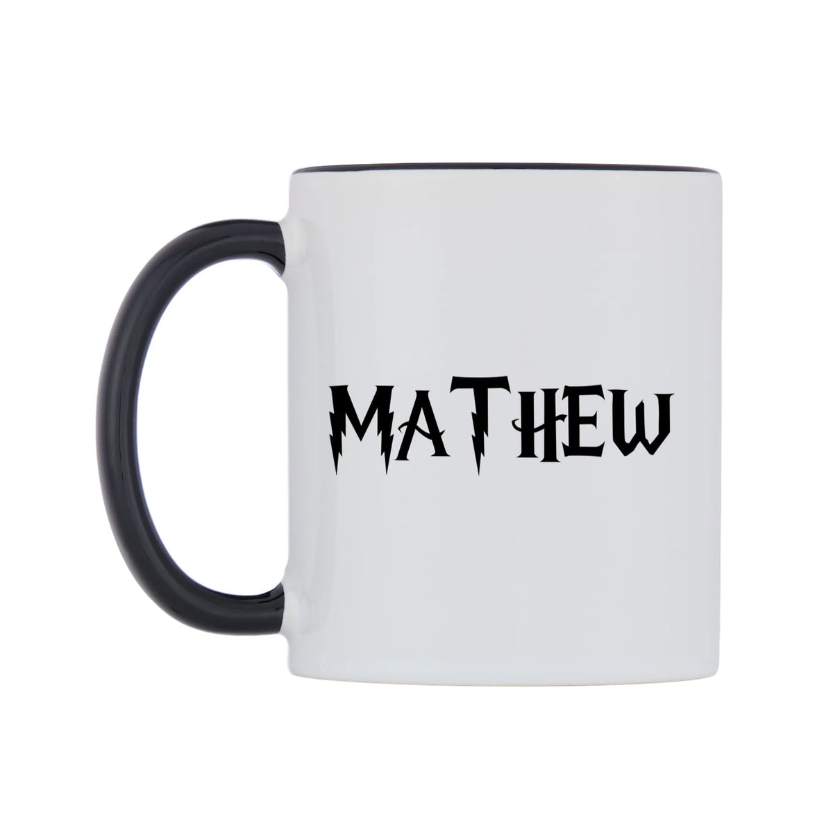 Mathew - Wizard Themed Mug — white 11oz gloss mug with a black inside and handle, right side, on a white background