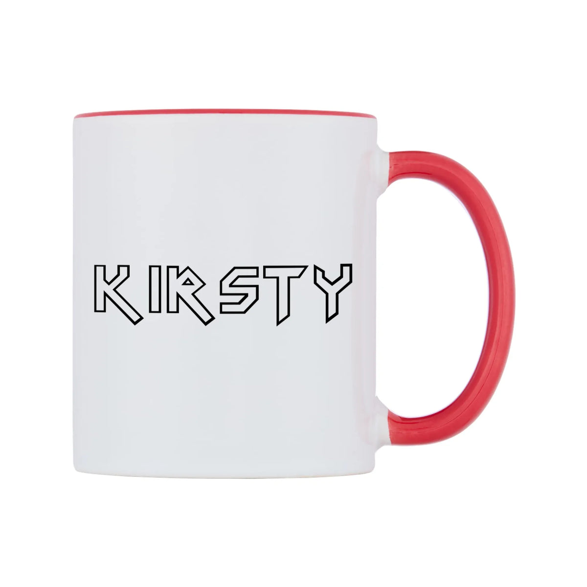 Kirsty - Iron Maiden Themed Mug — white 11oz gloss mug with a red inside and handle, left side, on a white background