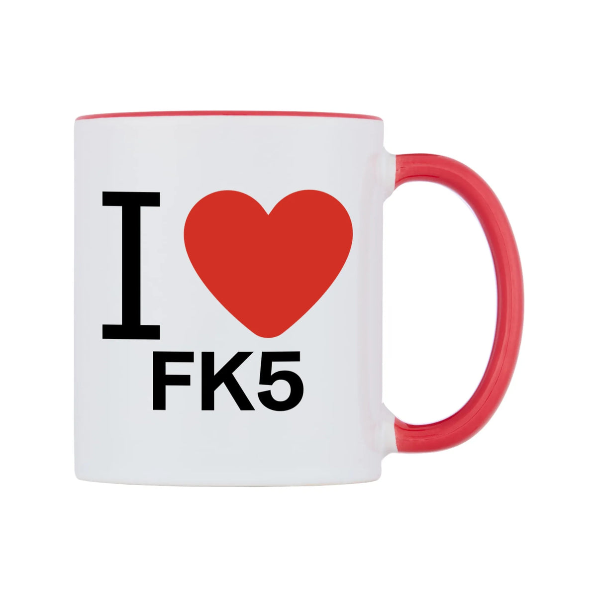 I Love FK5 Mug — white 11oz gloss mug with a red inside and handle, left side, on a white background