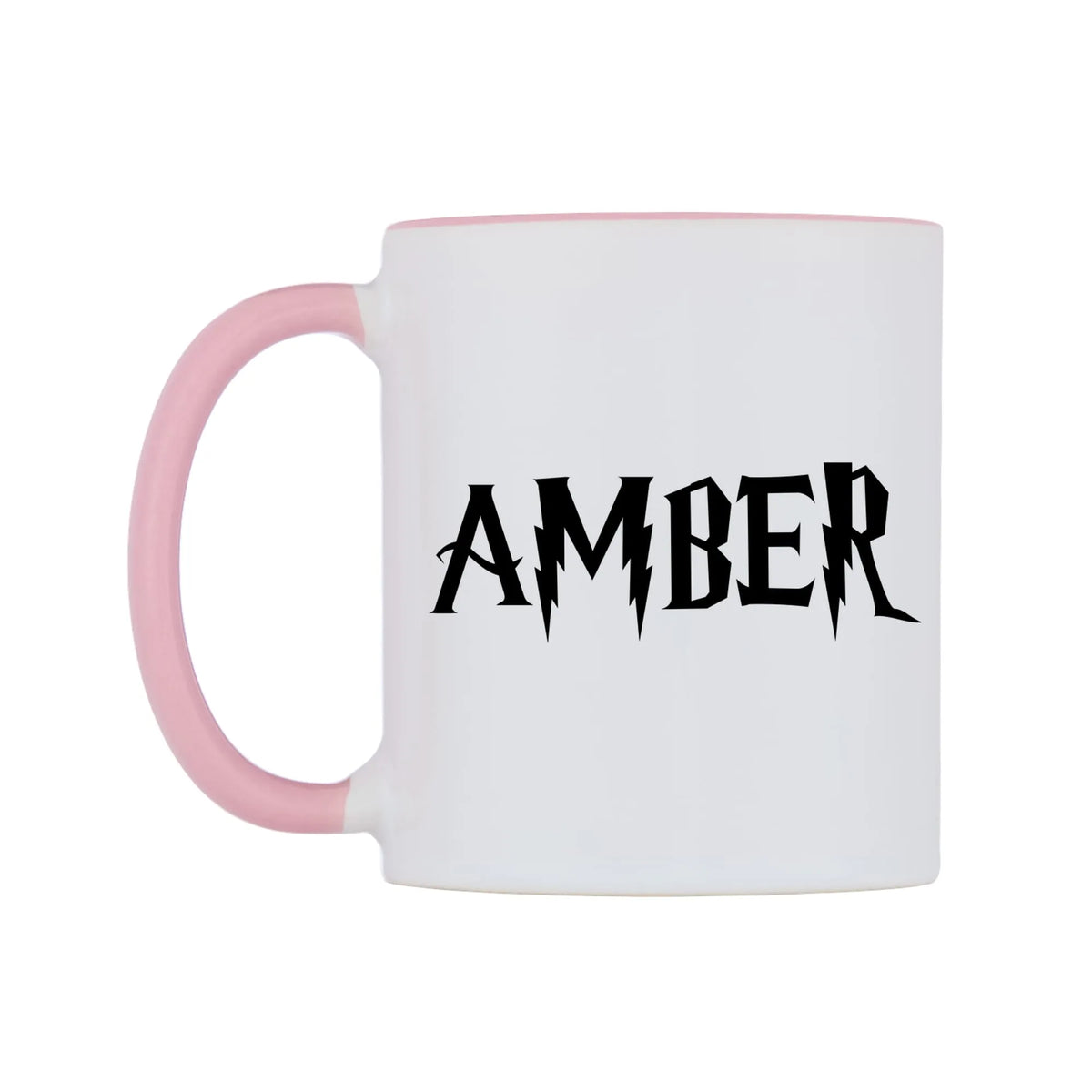 Amber - Wizard Themed Mug — white 11oz gloss mug with a pink inside and handle, right side, on a white background