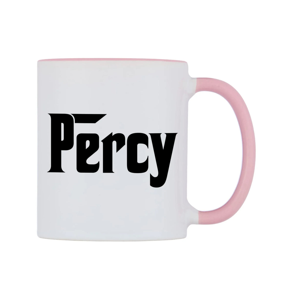 Percy - Godfather Themed Mug — white 11oz gloss mug with a pink inside and handle, left side, on a white background